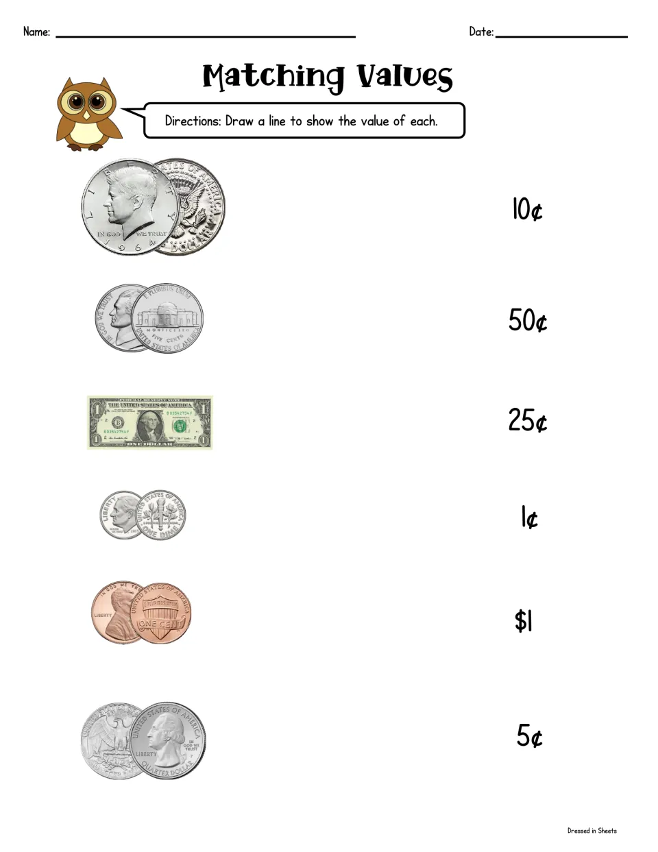 Matching Values: students draw lines to match a half dollar, nickel, dollar bill, dime, penny and quarter to their values