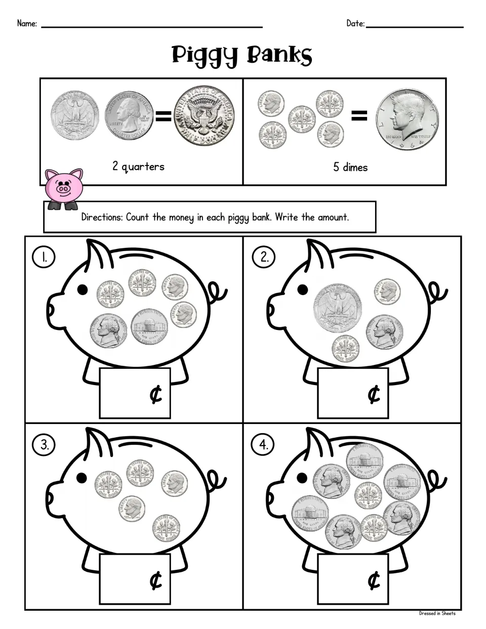 Piggy Banks: students count dimes, nickels and a quarter in four piggy banks and write each total in cents