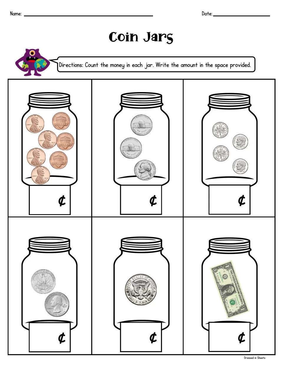 Coin Jars: students total the pennies, nickels, dimes, quarters, half dollar or dollar bill in each of six jars