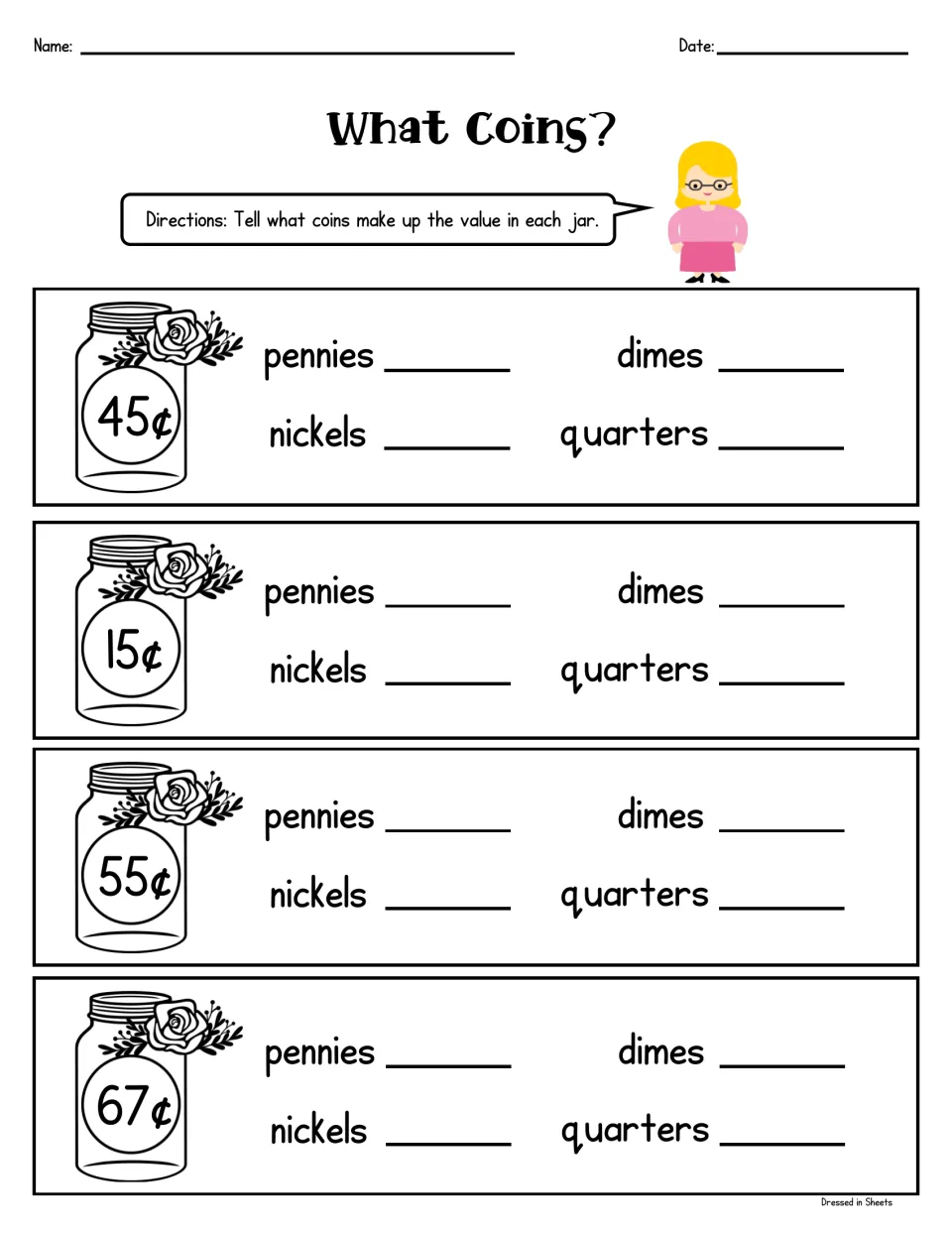 What Coins?: students show 45¢, 15¢, 55¢ and 67¢ listing how many pennies, nickels, dimes and quarters make up each