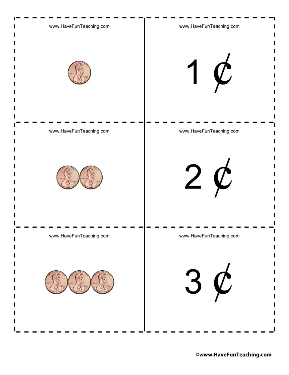 Penny counting cards for 1¢, 2¢ and 3¢: students match one, two or three pennies to each cent amount