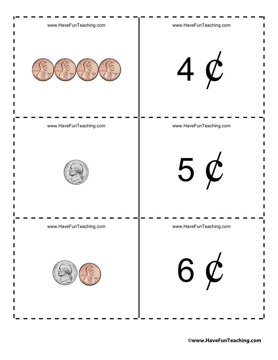 Coin cards for 4¢, 5¢ and 6¢: students read four pennies, a nickel, and a nickel with a penny as cent amounts