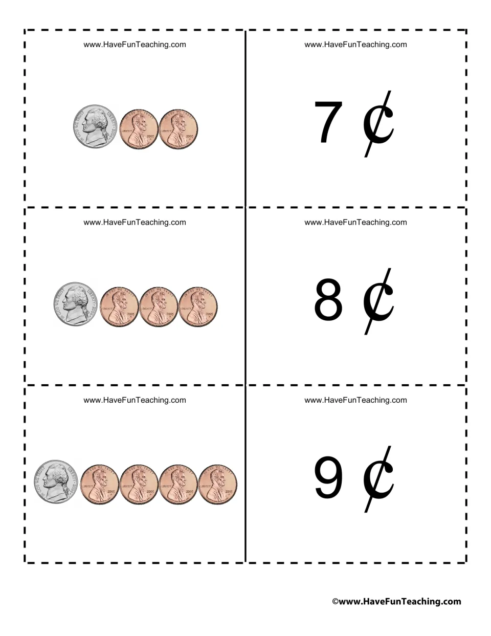 Coin cards for 7¢, 8¢ and 9¢: students count on from a nickel plus two, three or four pennies to each total