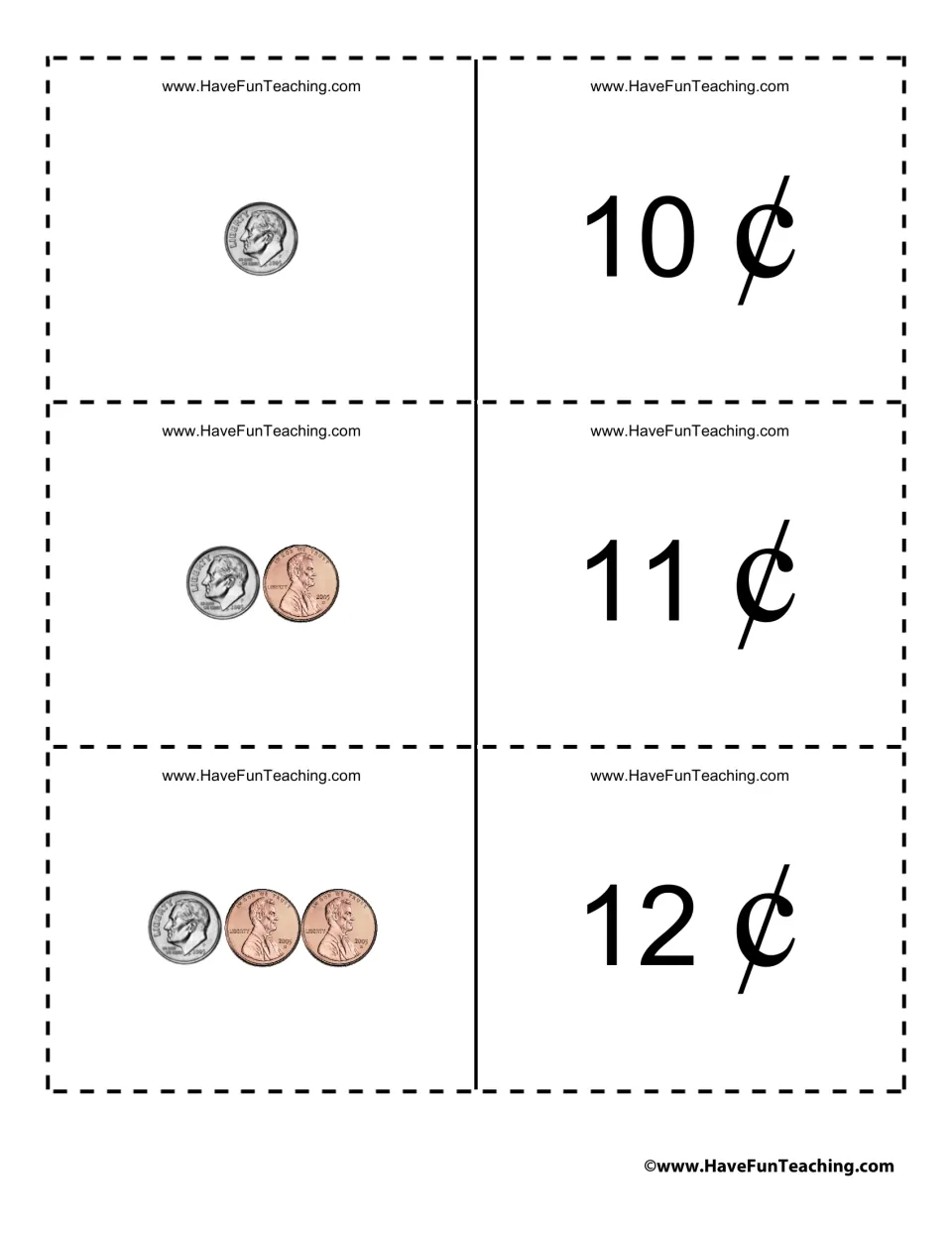 Cards for 10¢, 11¢ and 12¢: students read a single ten-cent coin, then count on one or two pennies to the total