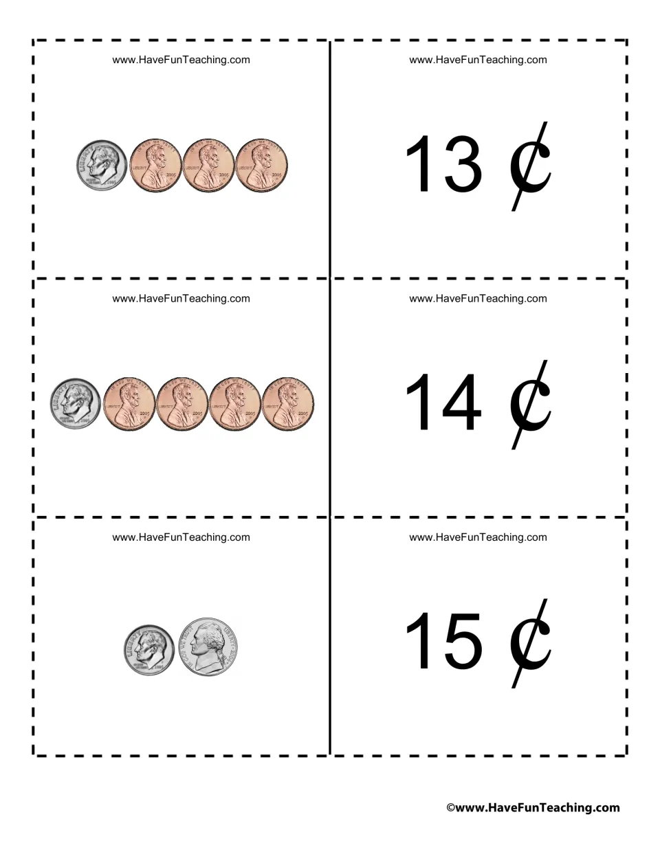 Coin cards for 13¢, 14¢ and 15¢: students match a dime with three or four pennies, or with a nickel, to amounts