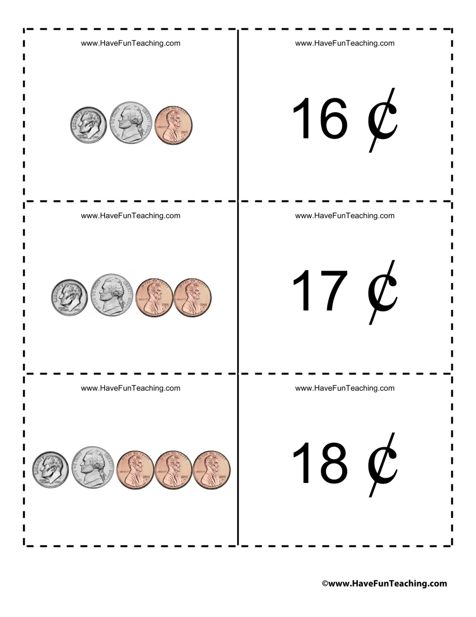 Coin cards for 16¢, 17¢ and 18¢: students add a dime, a nickel and one, two or three pennies to read each total
