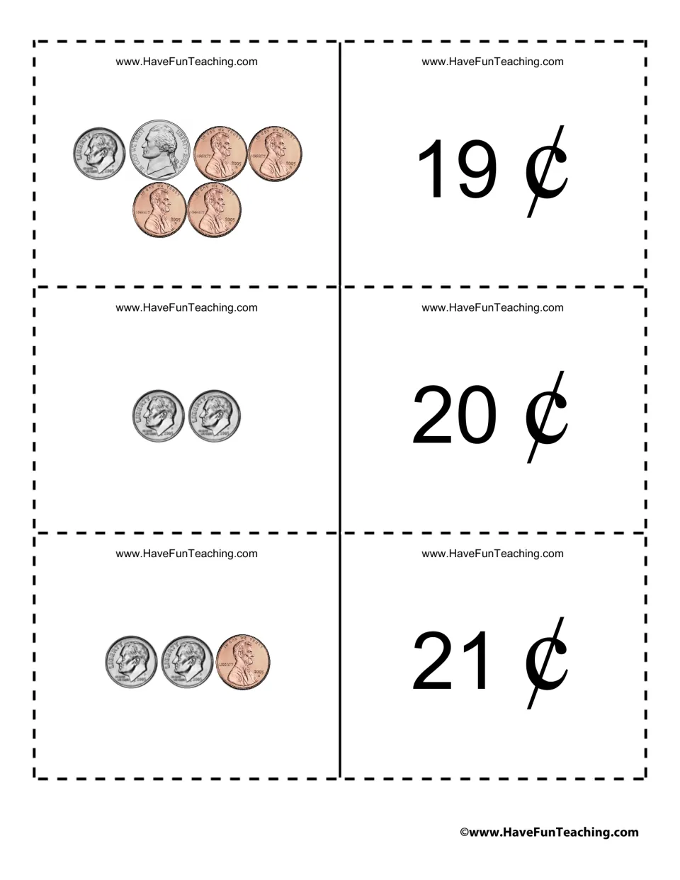 Coin cards for 19¢, 20¢ and 21¢: students total a dime, nickel and four pennies, two dimes, and two dimes with a penny