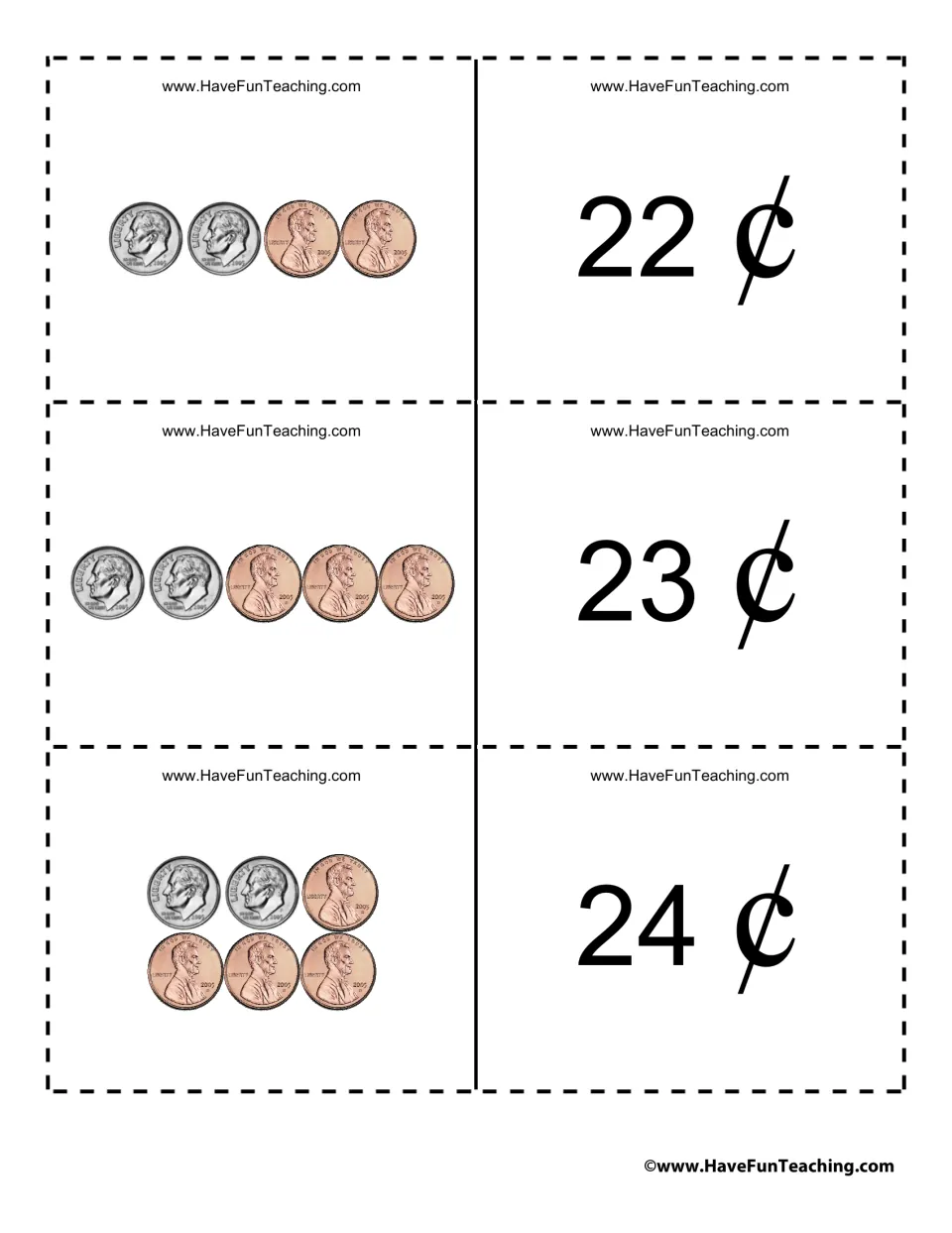 Coin cards for 22¢, 23¢ and 24¢: students count two dimes plus two, three or four pennies to find each amount