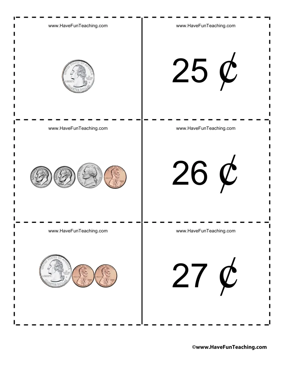 Coin cards for 25¢, 26¢ and 27¢: students read a quarter, two dimes with a nickel and penny, and a quarter plus pennies