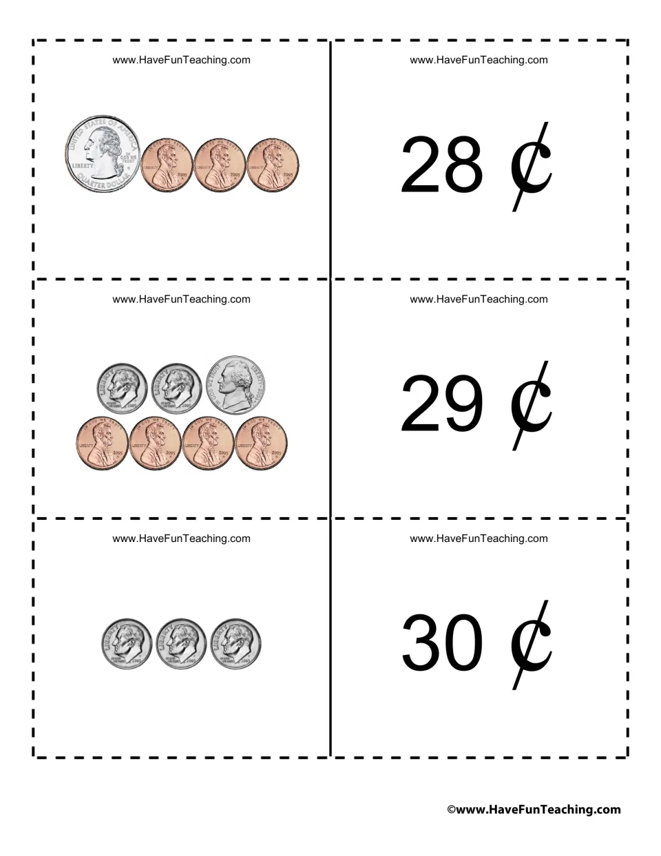 Coin cards for 28¢, 29¢ and 30¢: students total a quarter with three pennies, a mixed set of coins, and three dimes