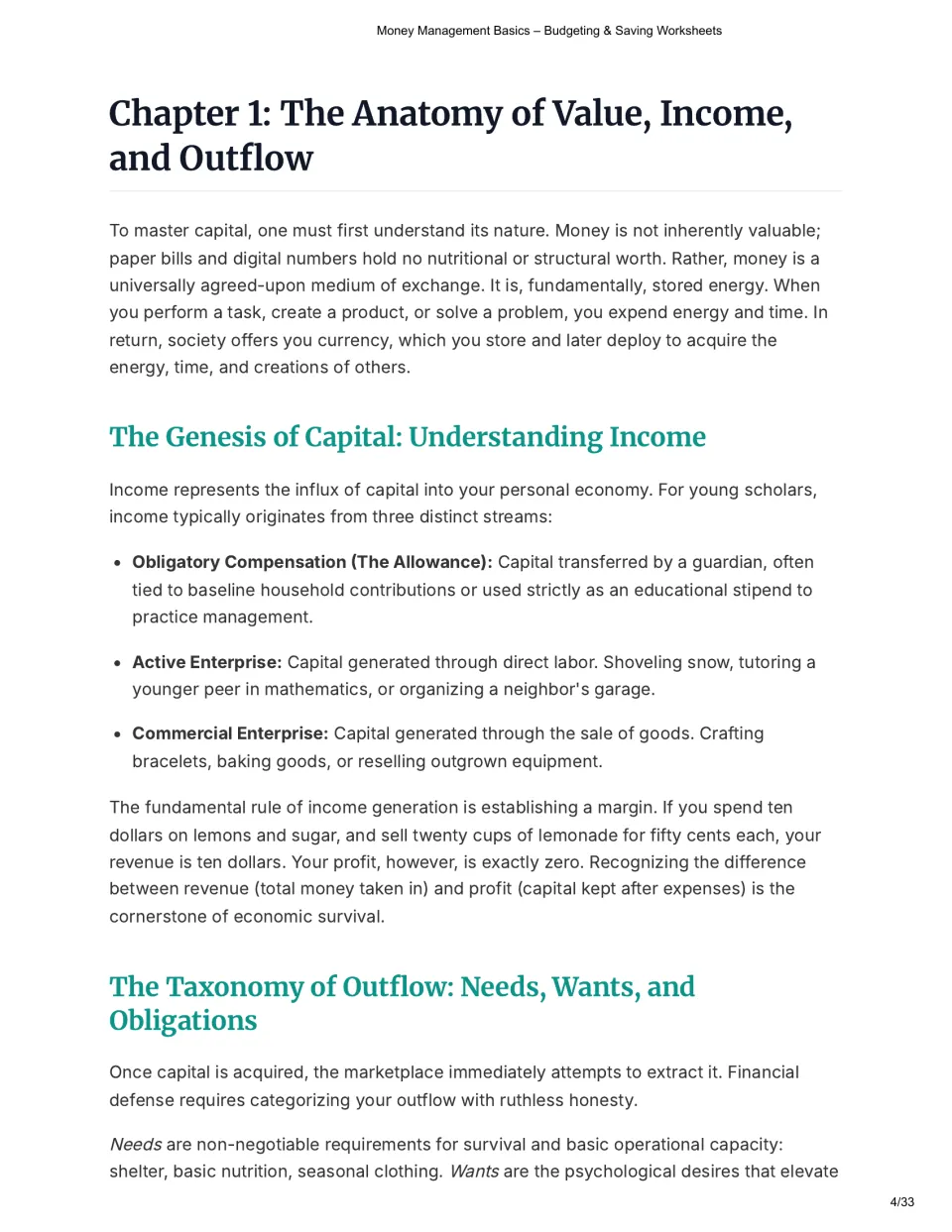 Chapter 1 on value and income: reading on allowance, active and commercial enterprise, revenue vs. profit, needs and wants