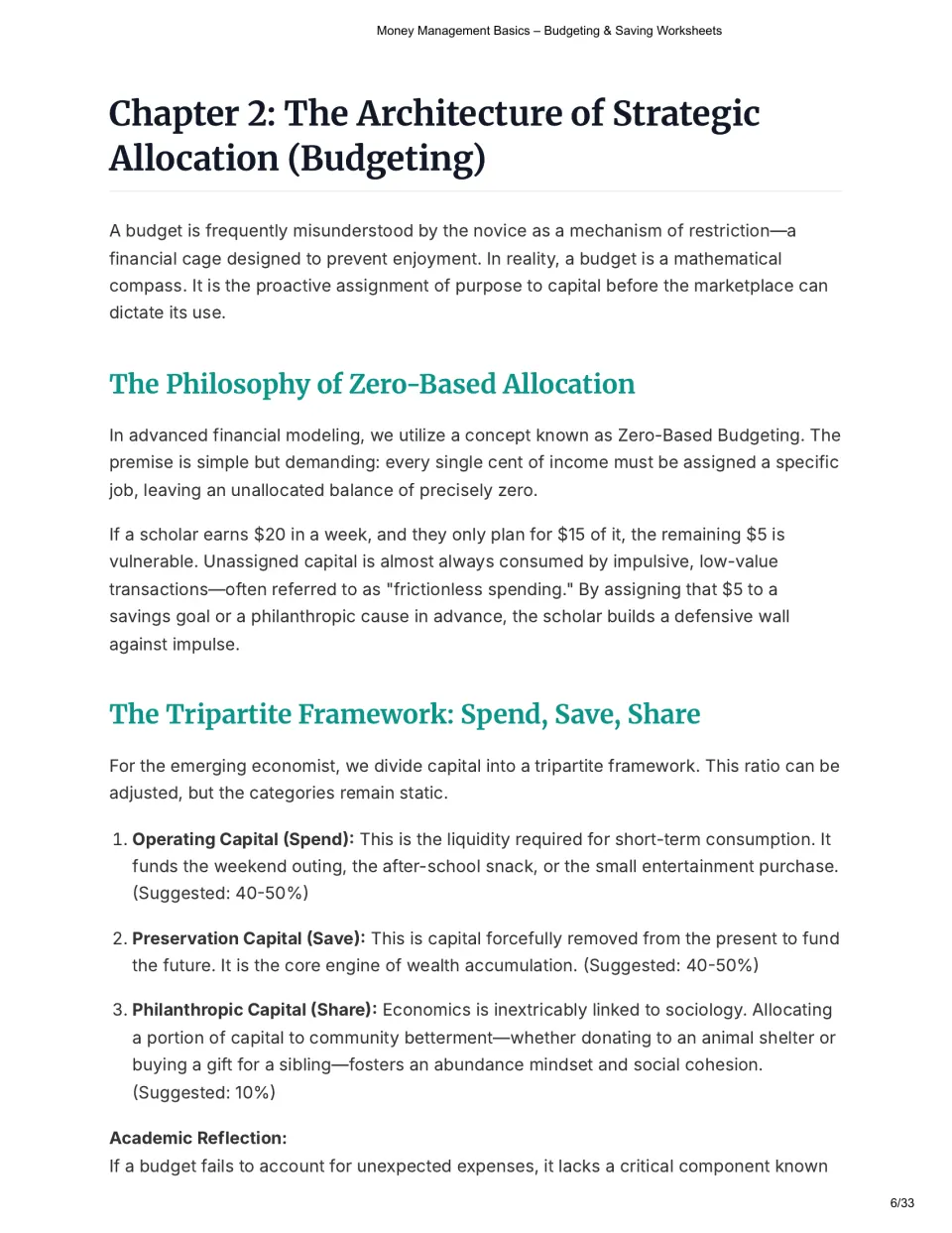 Chapter 2 on budgeting: zero-based allocation and splitting money into spend, save and share with suggested percentages