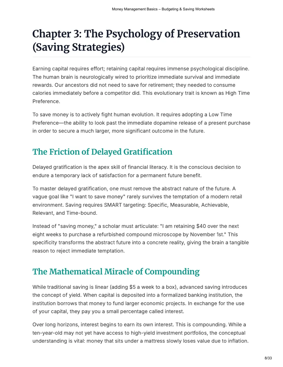 Chapter 3 on saving: reading on time preference, delayed gratification, SMART savings goals and compound interest