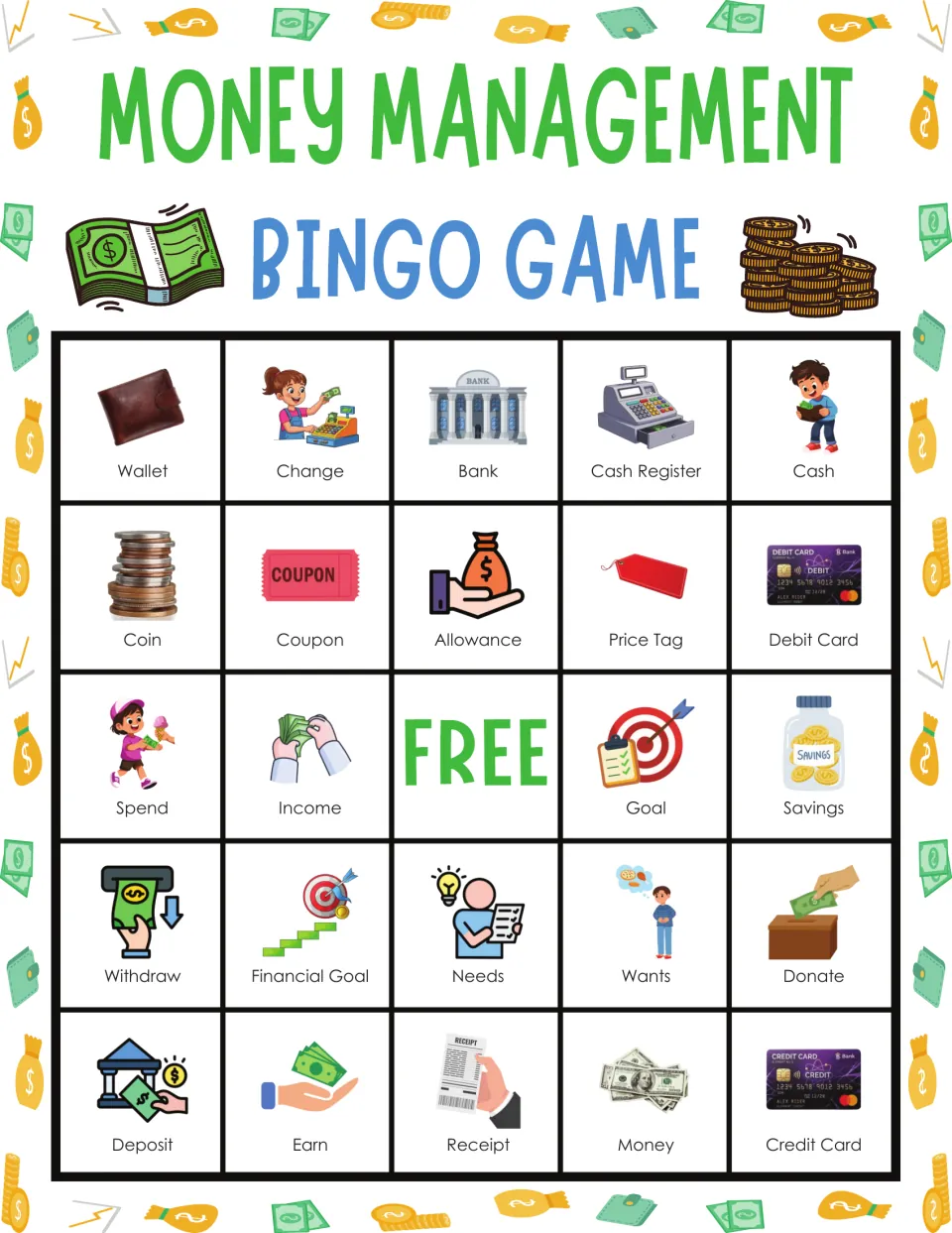 Money vocabulary bingo card: students mark pictured terms, top row Wallet, Change, Bank, Cash Register and Cash