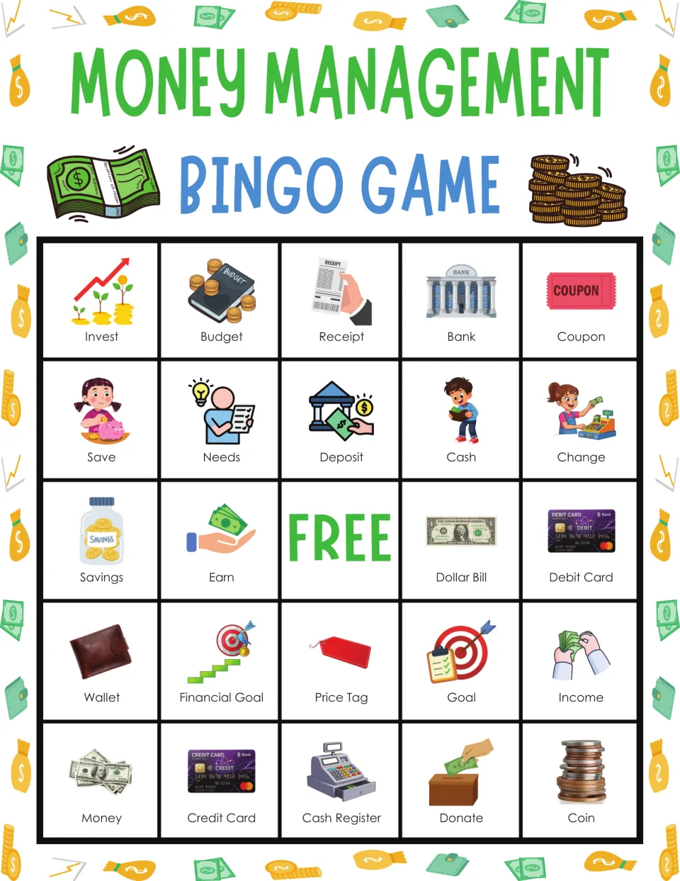 Money terms bingo card: students cover pictures as words are called, starting Invest, Budget, Receipt, Bank, Coupon