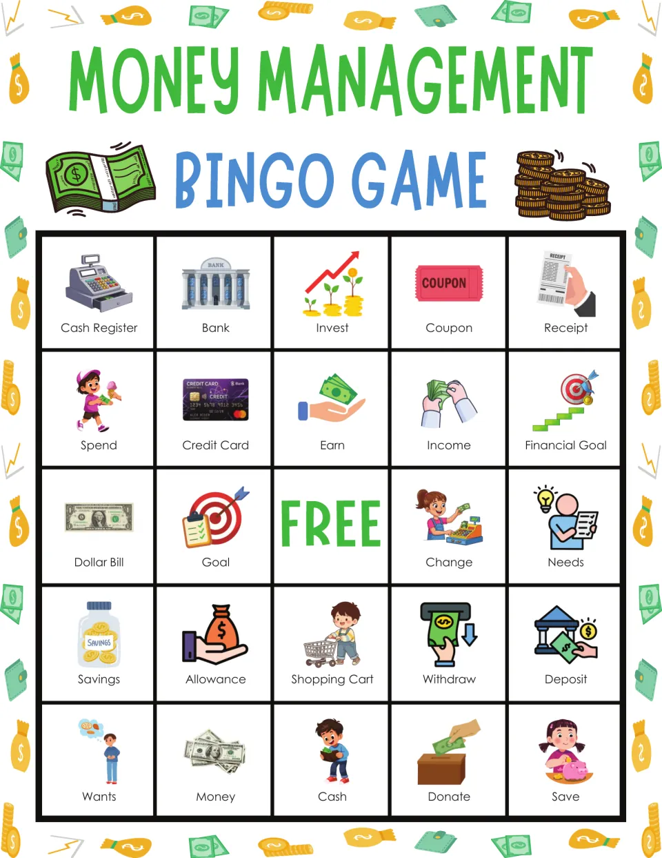 Budgeting bingo card: students match called words to pictures, top row Cash Register, Bank, Invest, Coupon and Receipt