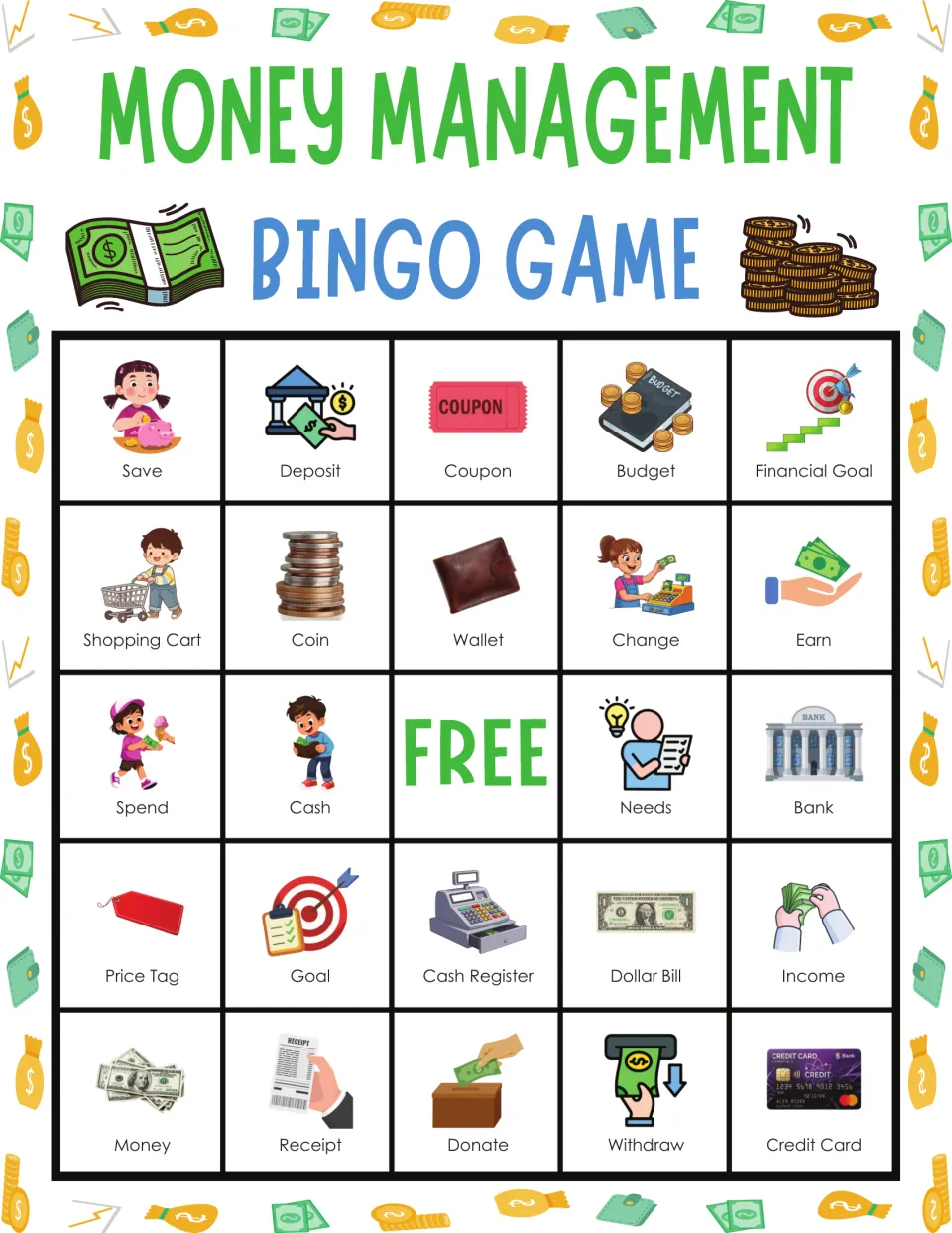 Saving and spending bingo card: students mark picture terms, top row Save, Deposit, Coupon, Budget, Financial Goal