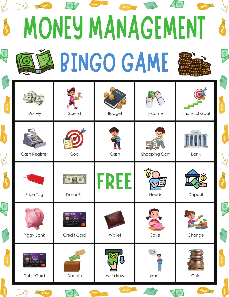 Money words bingo card: students mark called terms such as Piggy Bank, Needs and Wants; top row starts Money, Spend