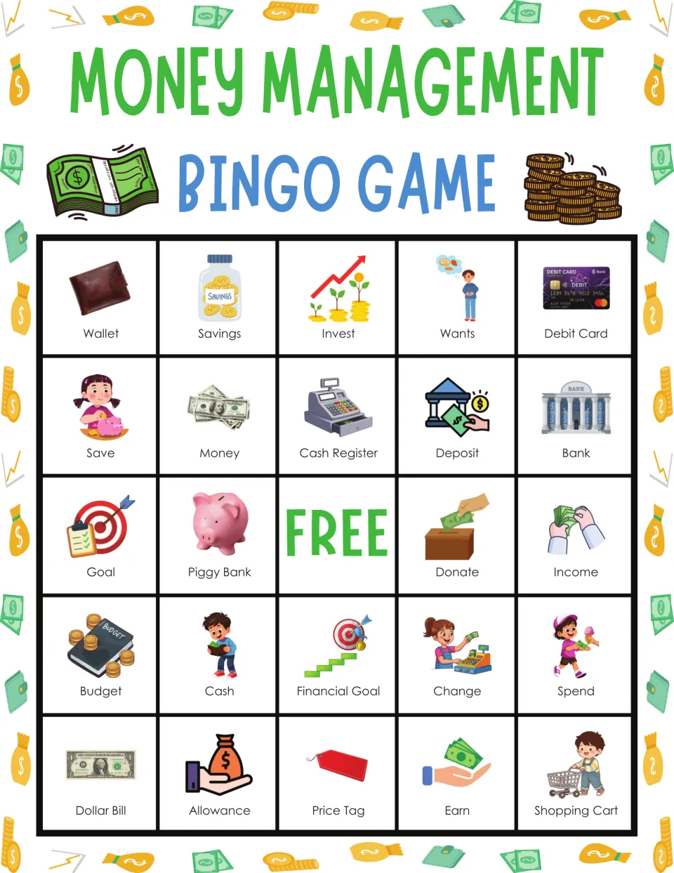 Financial terms bingo card: students cover pictured words as called, top row Wallet, Savings, Invest, Wants and Debit Card