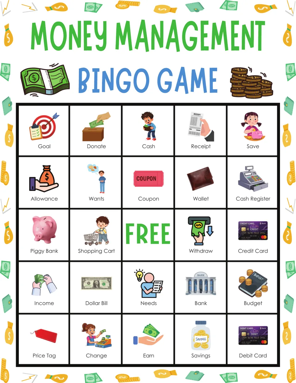 Personal finance bingo card: students find called terms among pictures, top row Goal, Donate, Cash, Receipt and Save