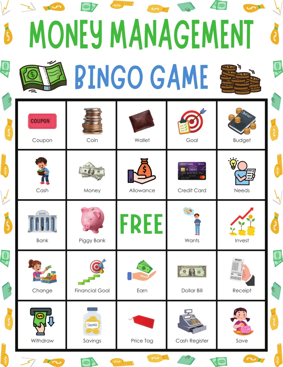 Money concepts bingo card: students mark picture vocabulary as read aloud, top row Coupon, Coin, Wallet, Goal and Budget