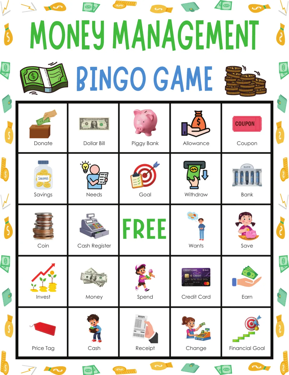 Banking and spending bingo card: students cover pictures, top row Donate, Dollar Bill, Piggy Bank, Allowance, Coupon