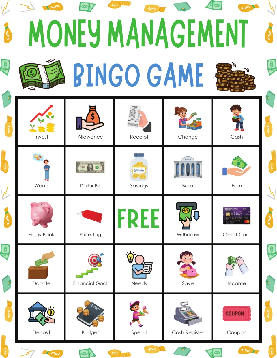 Earning and saving bingo card: students mark called picture terms, top row Invest, Allowance, Receipt, Change and Cash