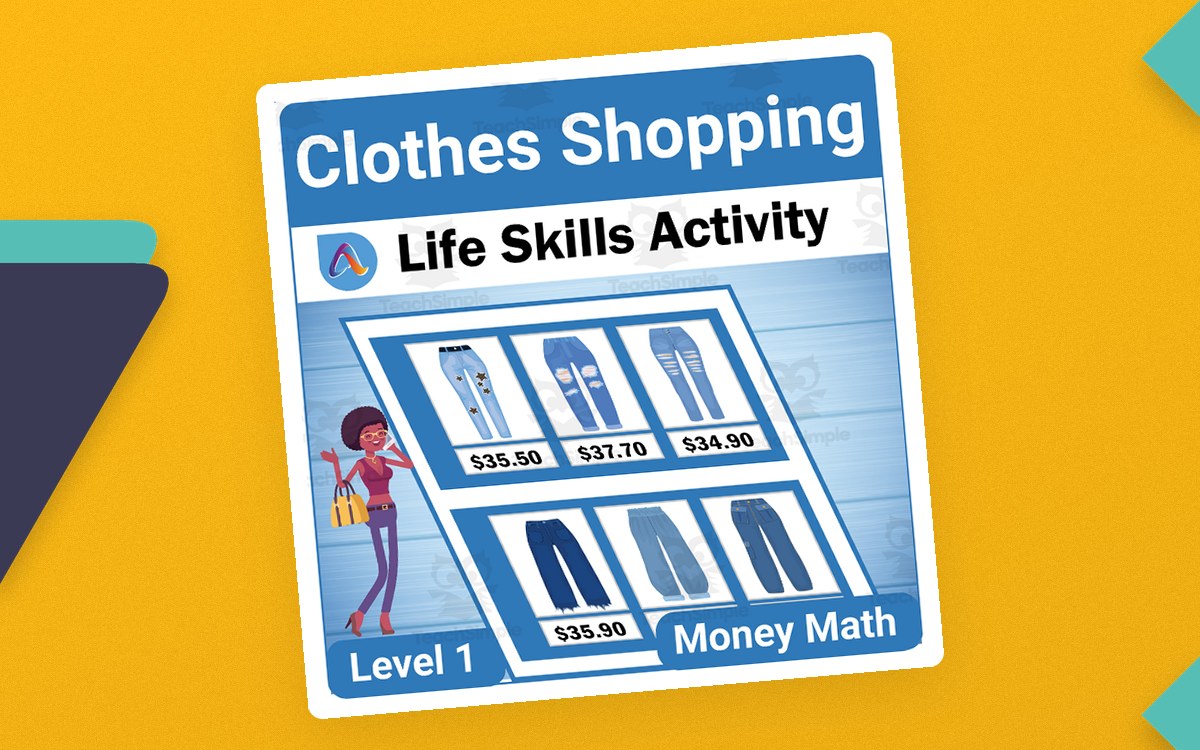 Clothes Shopping Level 1 life-skills cover with a blue storefront display of six priced clothing items and a Money Math label.