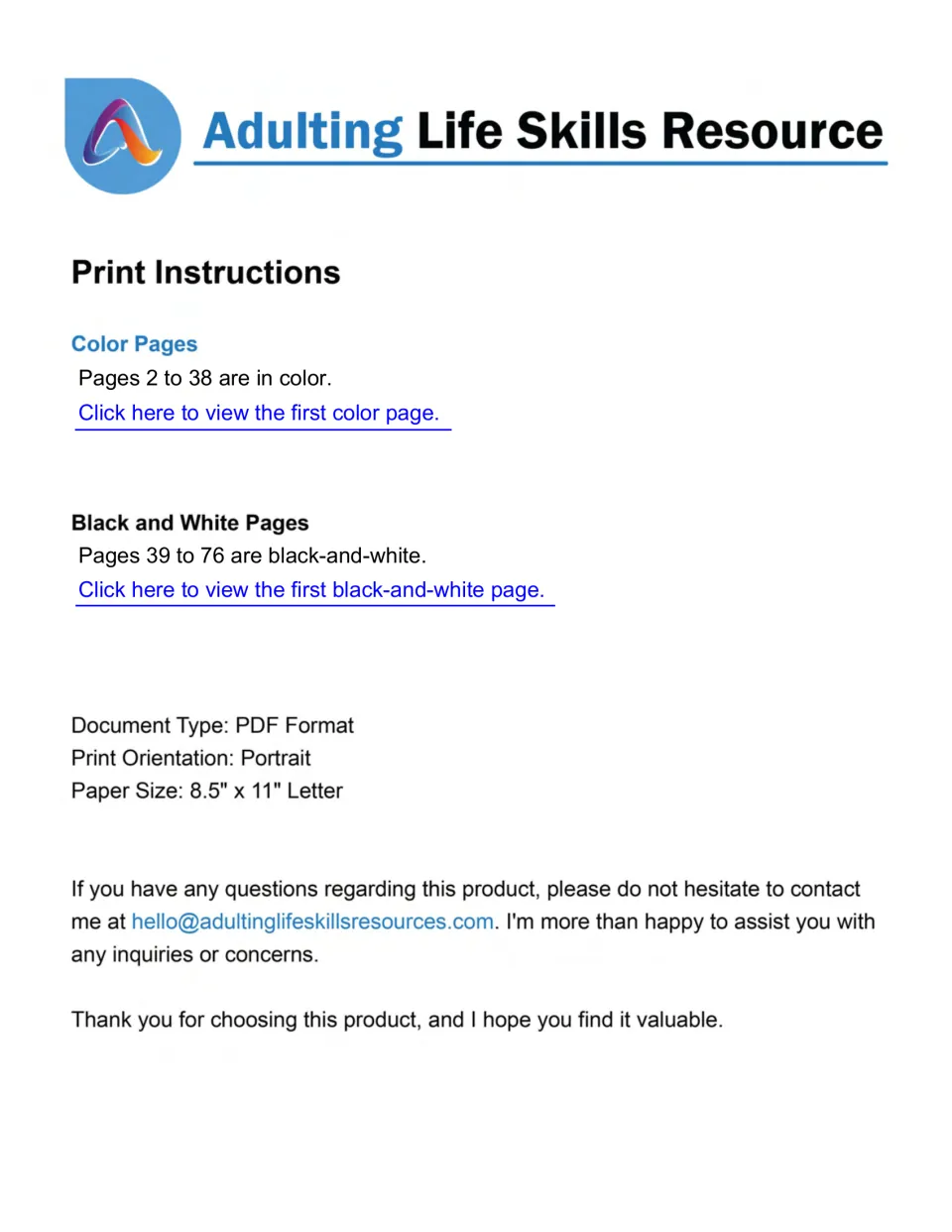 Print instructions: color pages 2 to 38, black-and-white pages 39 to 76, portrait letter-size PDF and a contact email