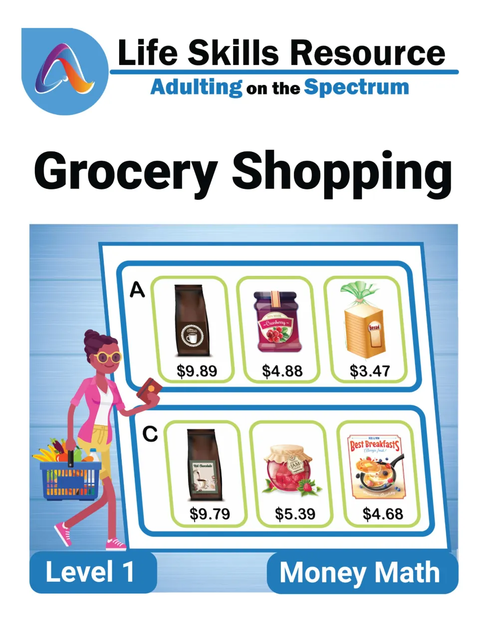 Grocery Shopping Level 1 Money Math cover showing priced grocery items in lettered choice rows beside a shopper