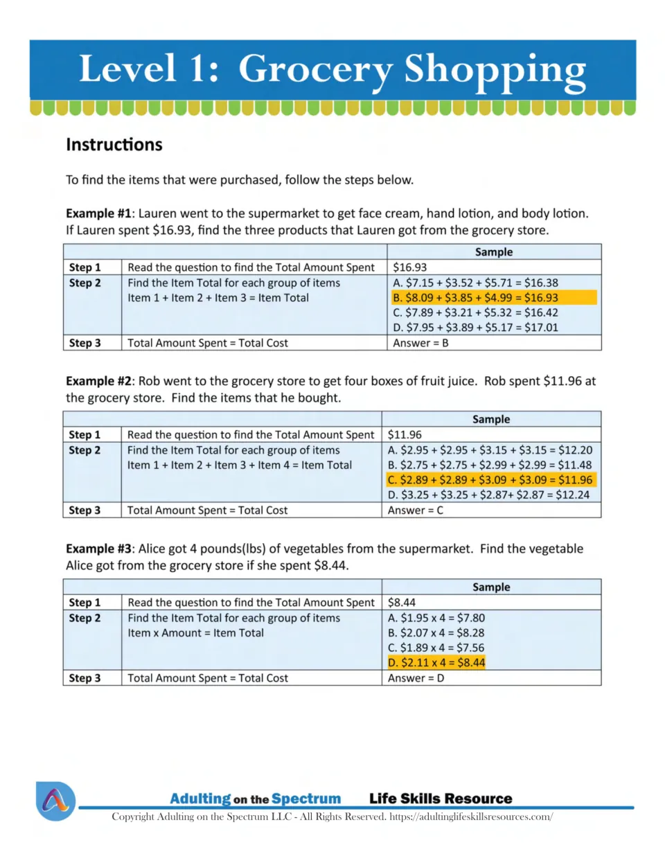 Money math instructions: three worked examples find which items match a total spent by adding or multiplying prices