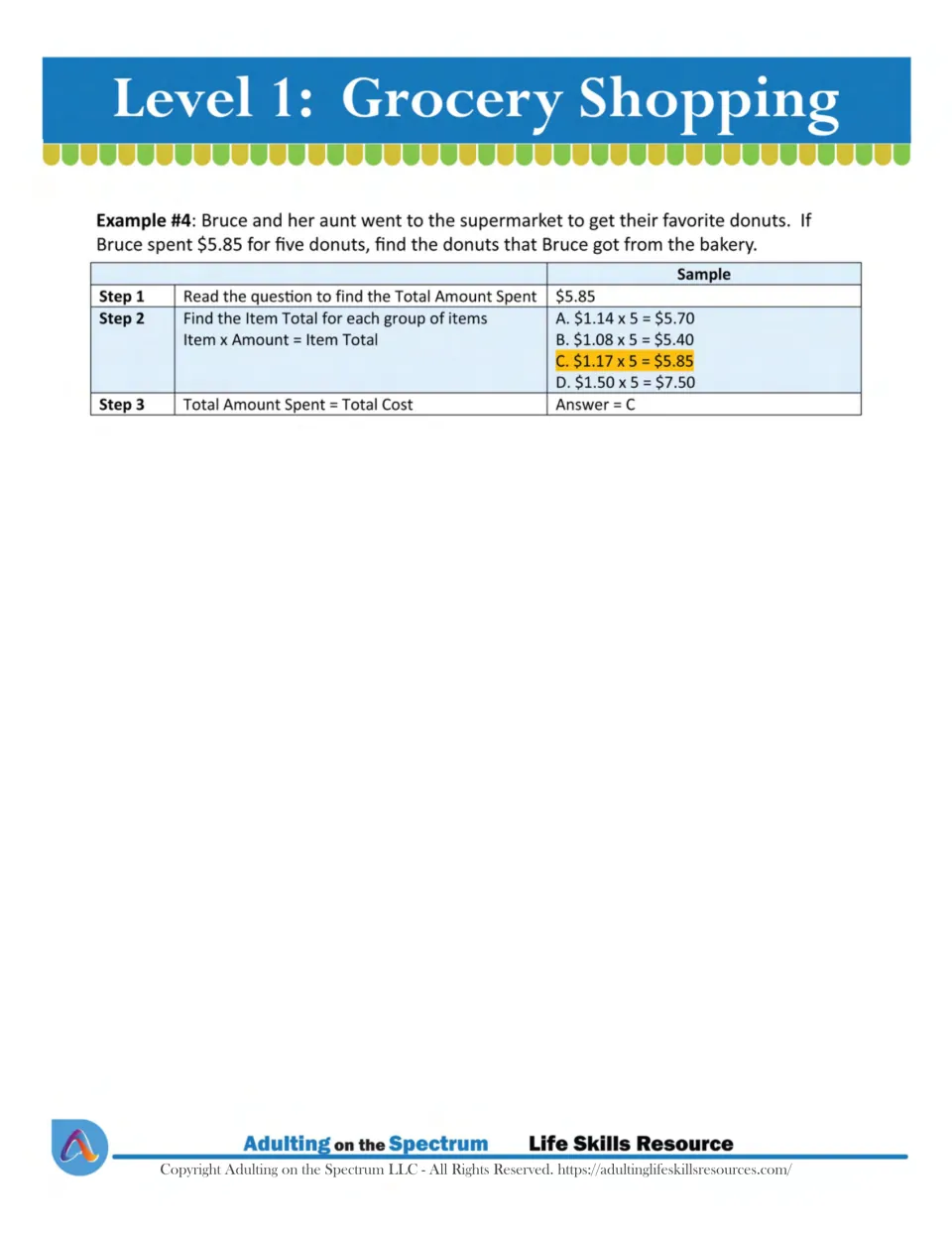 Worked example 4: Bruce spends $5.85 on five donuts; multiply each price by 5 to find the matching choice, C