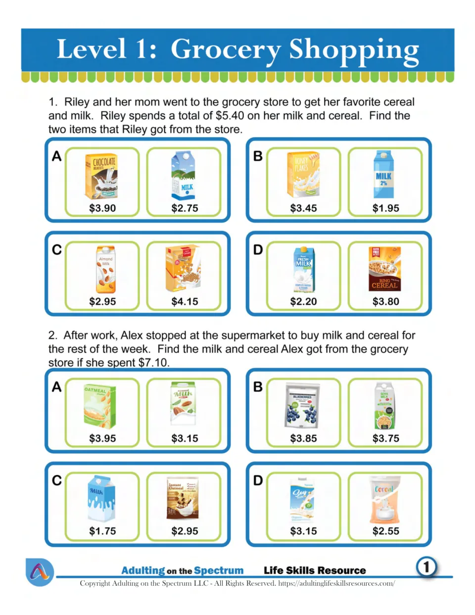 Adding prices: find which milk and cereal pair matches Riley's $5.40 total and Alex's $7.10 total, choices A to D