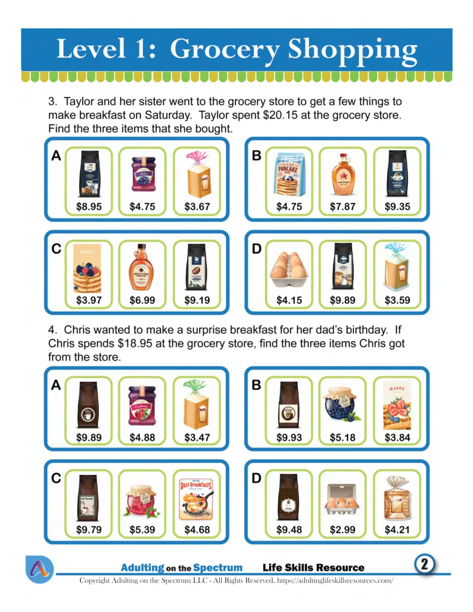 Adding three prices: match breakfast items like coffee, jam, bread and syrup to totals of $20.15 and $18.95