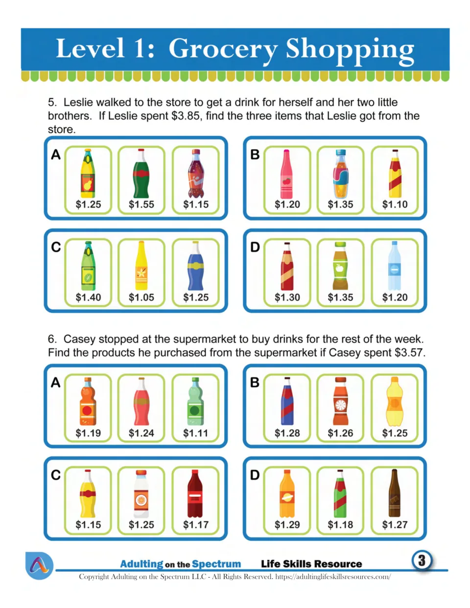 Adding drink prices: choose the three bottles that total $3.85 for Leslie and $3.57 for Casey from choices A to D
