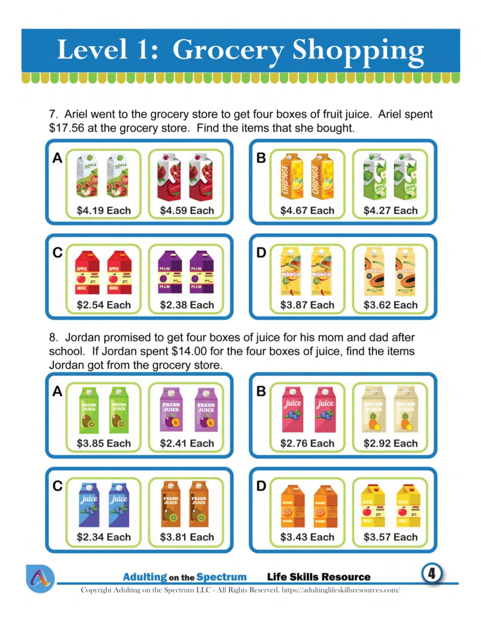 Juice box totals: use prices marked each to find which four boxes cost $17.56 for Ariel and $14.00 for Jordan