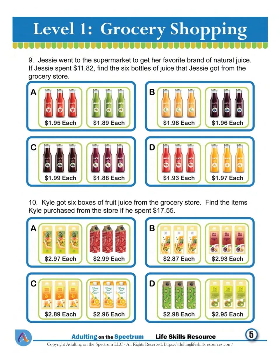 Juice bottle totals: use each-prices to find six bottles costing $11.82 for Jessie and six boxes costing $17.55 for Kyle