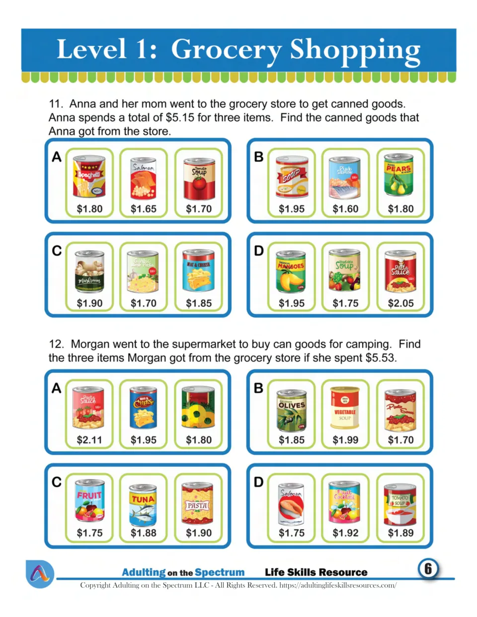 Canned goods totals: pick the three cans that cost $5.15 for Anna and $5.53 for Morgan, such as soup, tuna and pasta