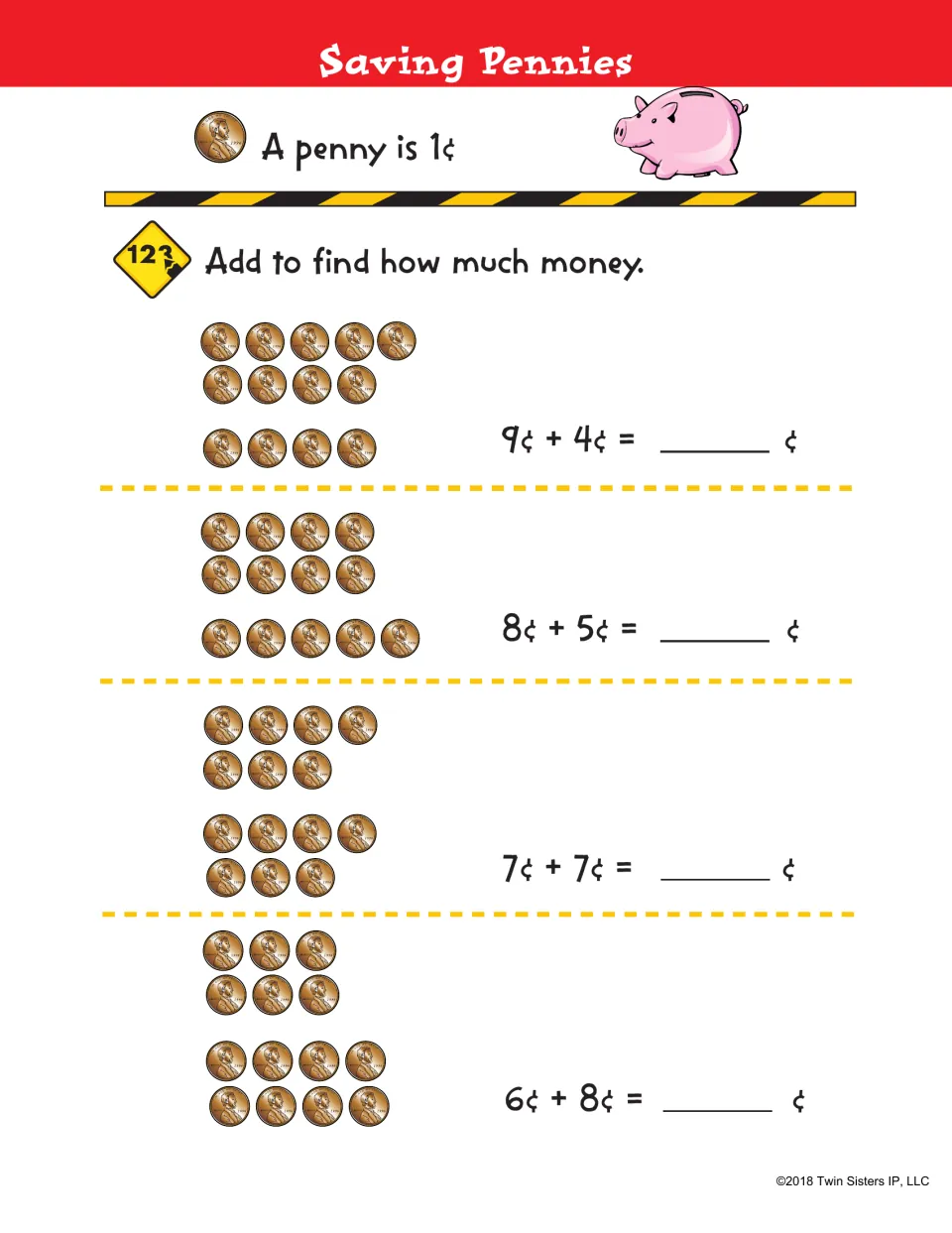 Saving Pennies: students count penny pictures and add to find each total, solving 9¢+4¢, 8¢+5¢, 7¢+7¢ and 6¢+8¢
