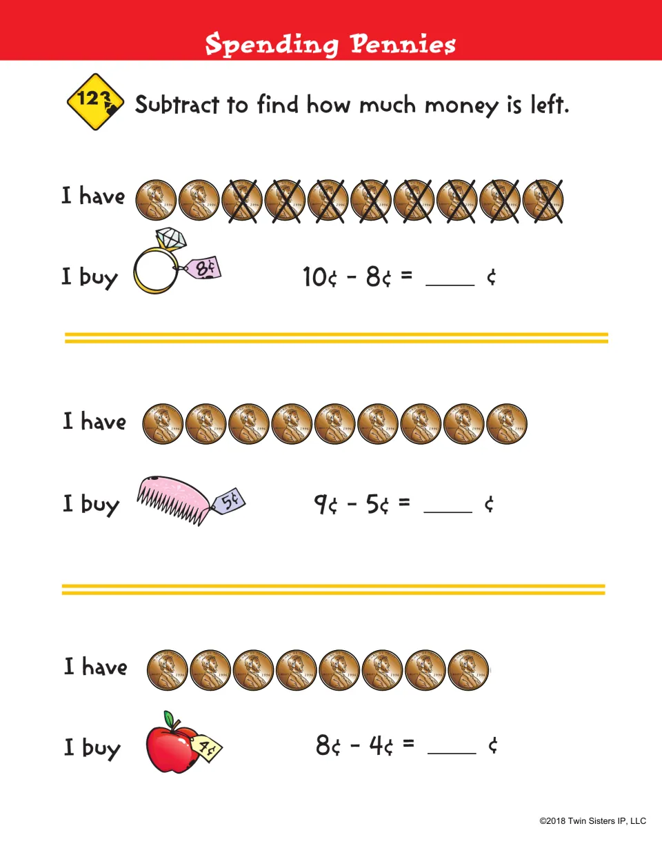 Spending Pennies: students subtract the price of a ring, comb and apple from pennies they have to find money left