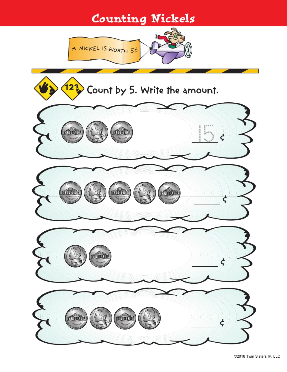 Counting Nickels: students skip count by 5 to total each row of 2 to 5 nickels, with 15¢ traced as an example