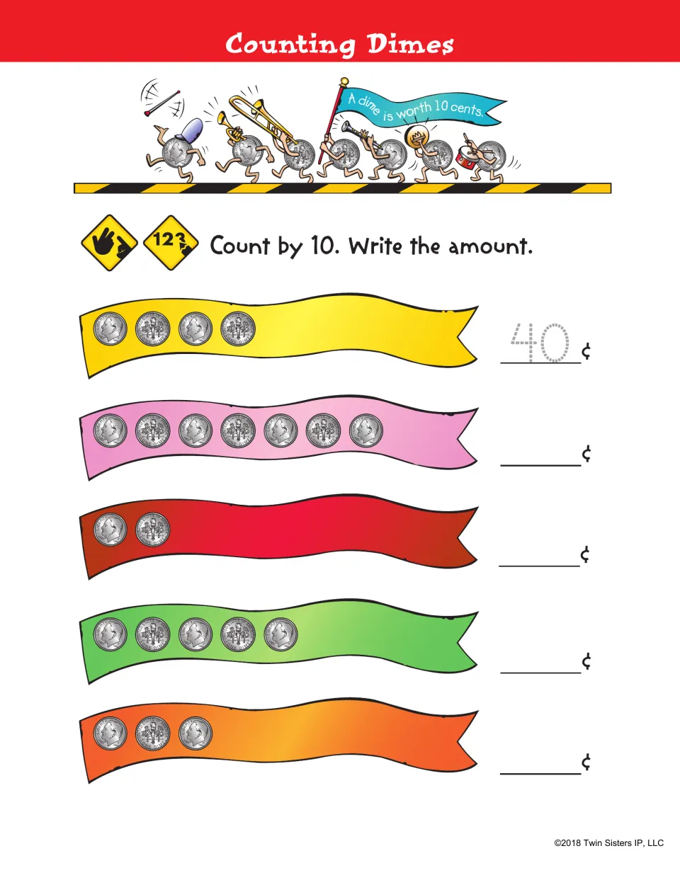 Counting Dimes: students skip count by 10 to total five rows of dimes on ribbons, with 40¢ traced as a model