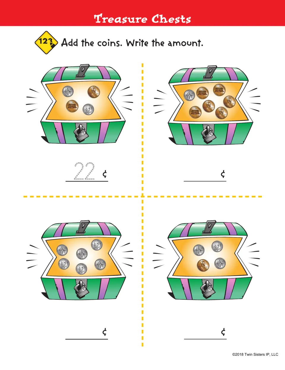 Treasure Chests: students add the dimes and pennies in four treasure chests and write each amount; 22¢ is modeled