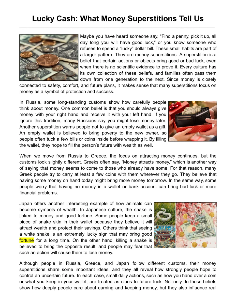 Lucky Cash passage on money superstitions in Russia, Greece and Japan, with photos of coins, a gift wallet and a snake