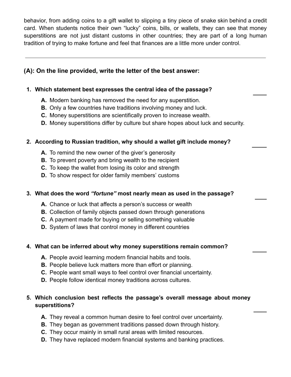 Five multiple-choice questions on central idea, vocabulary in context and inference; students write each best answer letter