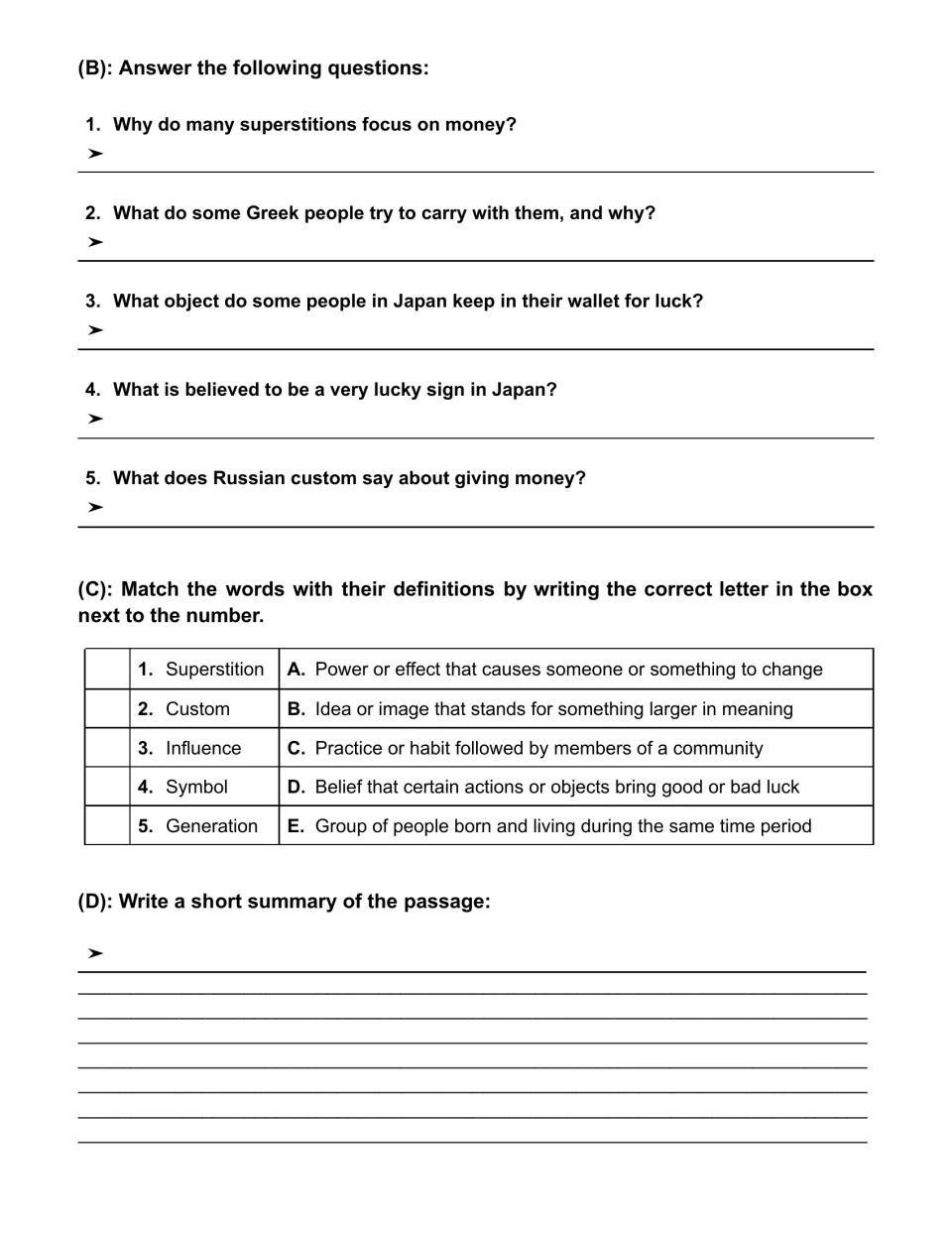 Short-answer questions on the passage, a vocabulary matching task with five terms, and a lined space to write a summary