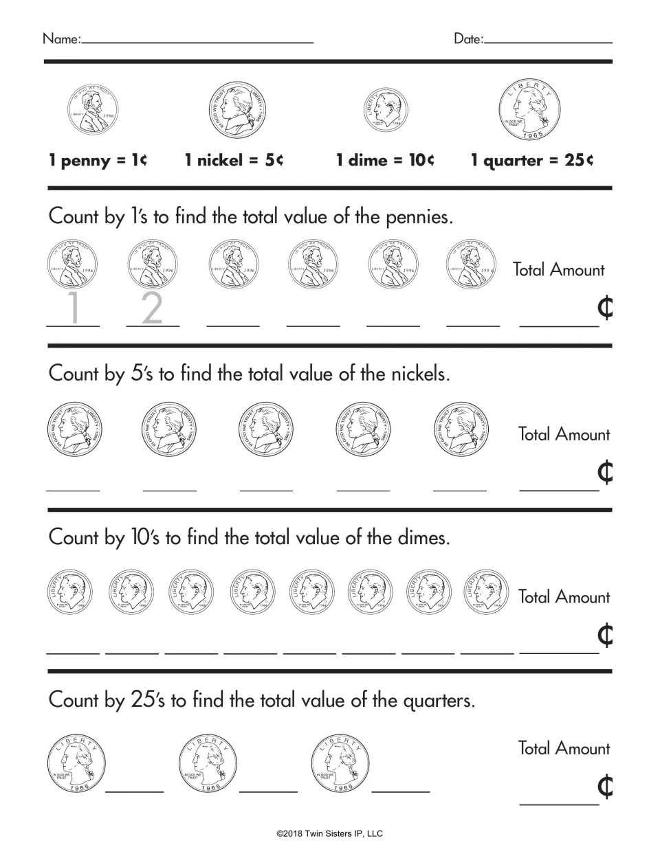 Coin values: students skip count by 1s, 5s, 10s and 25s to total rows of pennies, nickels, dimes and quarters