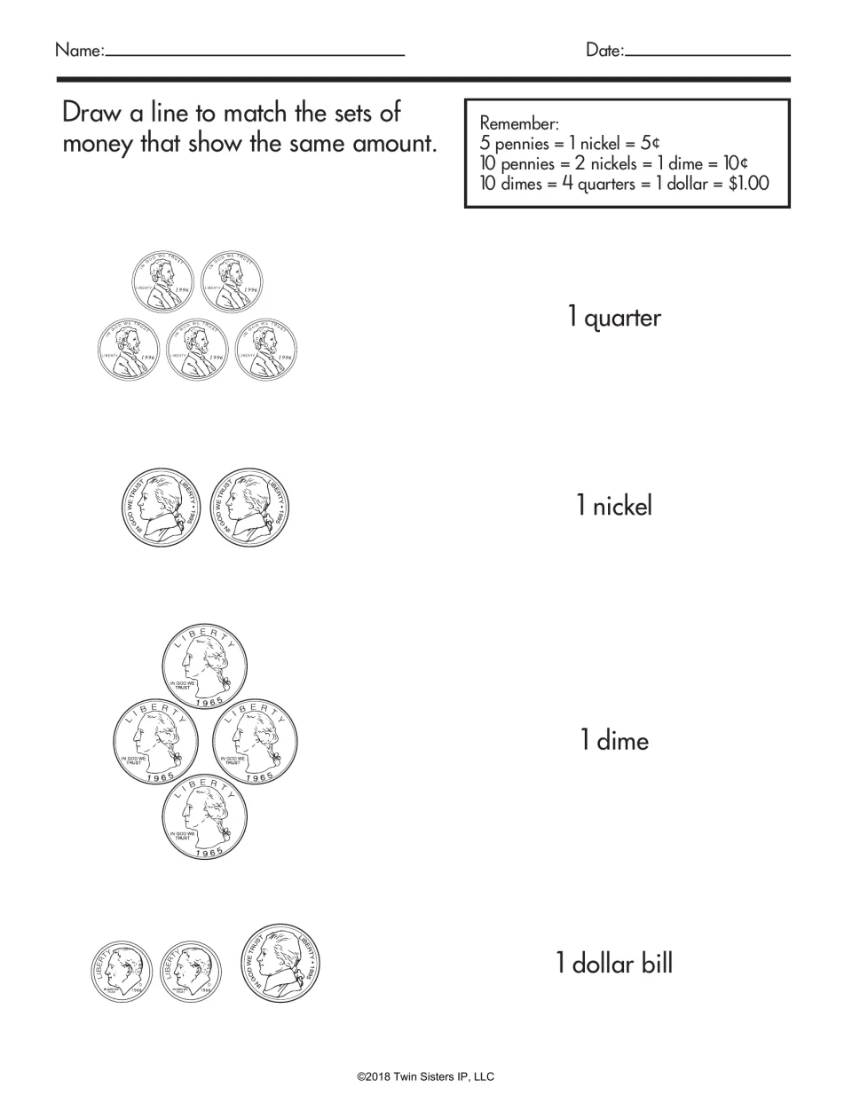 Equivalent coin sets: students draw lines matching groups of coins to 1 quarter, 1 nickel, 1 dime or 1 dollar bill