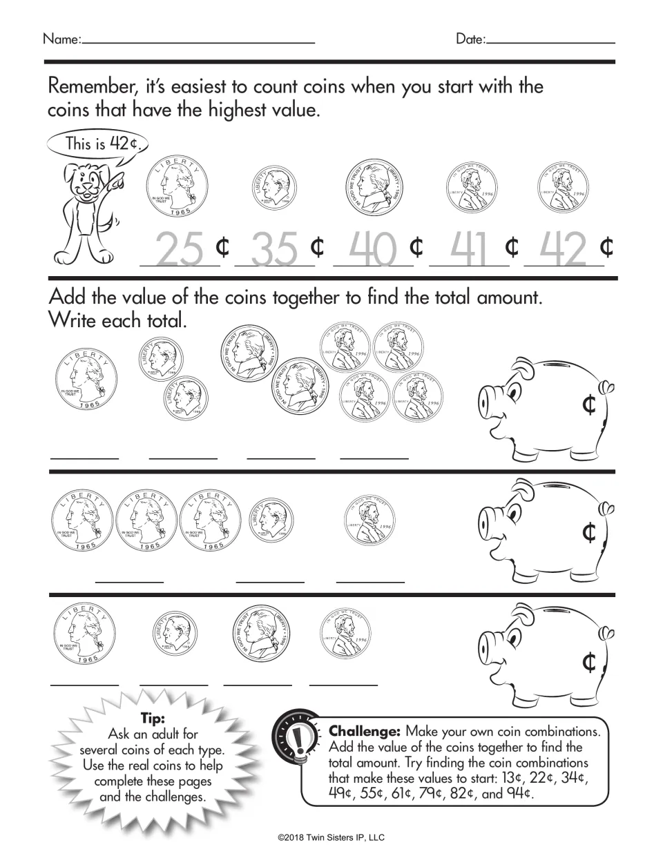 Adding coin values: a dog models counting on to 42¢, then students total three coin sets and write each in a piggy bank