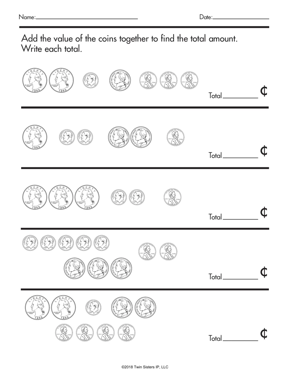 Finding total value: students add five mixed groups of quarters, dimes, nickels and pennies and write each total